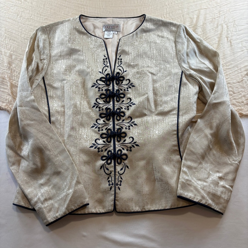 Papell Petites Silk Jacket Asian Inspired Frog Closure Champagne Gold 6P